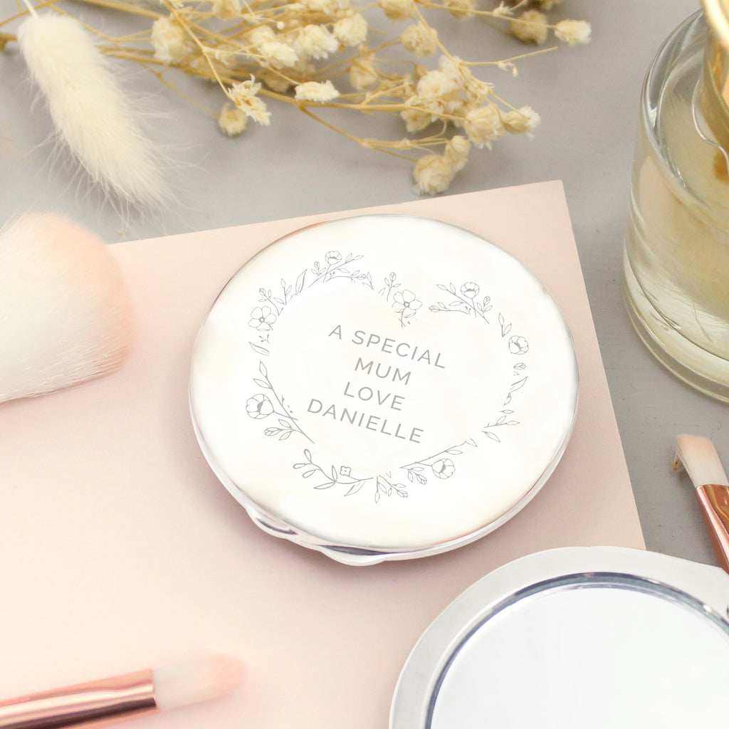 Personalised Floral Heart Compact Mirror - Buy Trinket, Jewellery & Keepsake Boxes at GiftMasters.co.uk