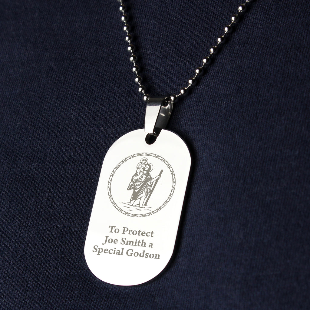 Personalised St Christopher Stainless Steel Dog Tag Necklace - Buy Jewellery at GiftMasters.co.uk