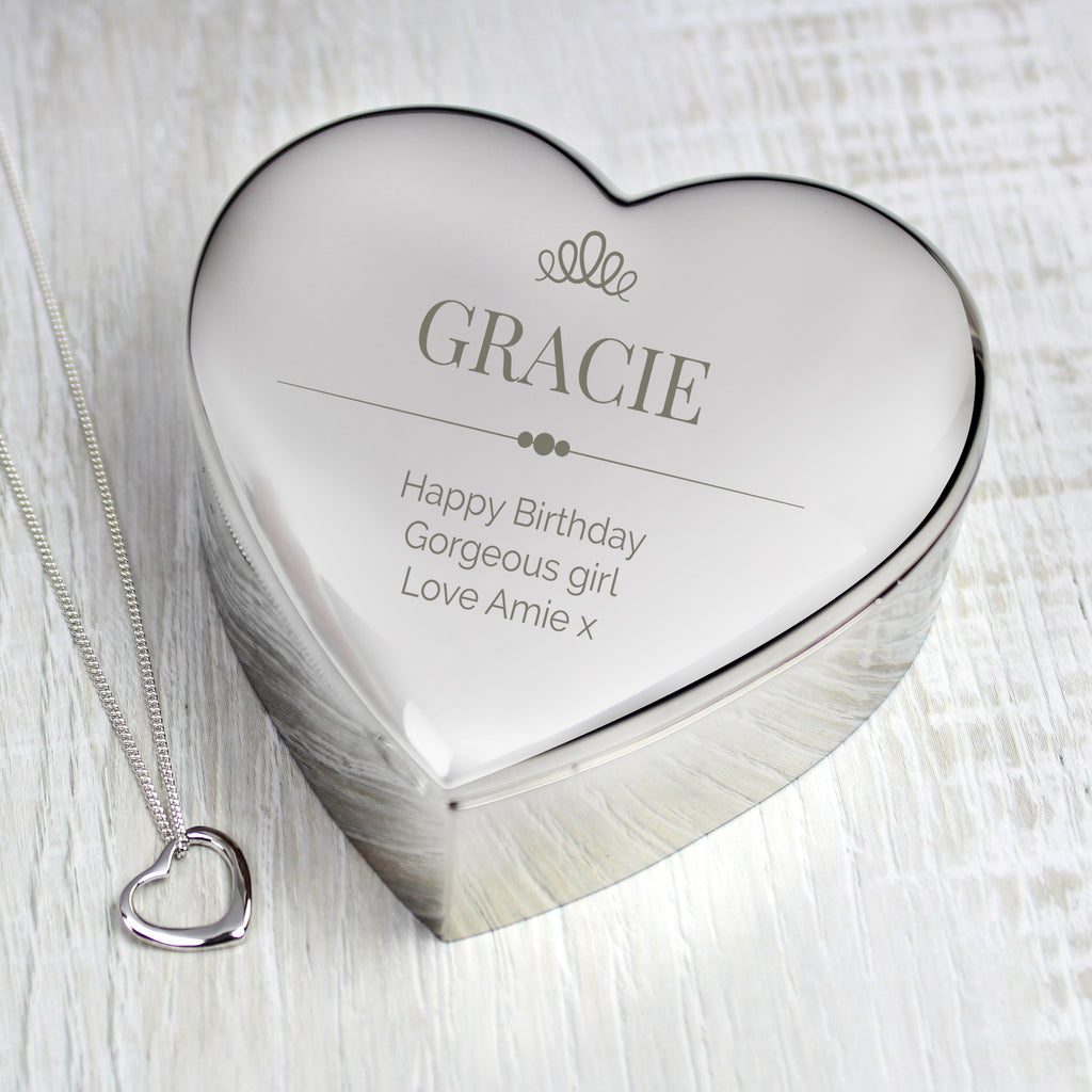 Personalised Elegant Crown Heart Trinket Box & Sterling Silver Necklace Set - Buy Trinket, Jewellery & Keepsake Boxes at GiftMasters.co.uk