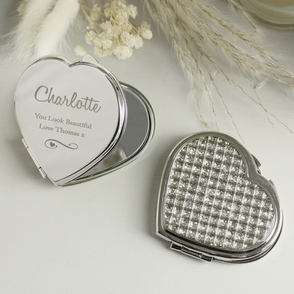 Personalised Swirls & Hearts Diamante Heart Compact Mirror - Buy Keepsakes at GiftMasters.co.uk
