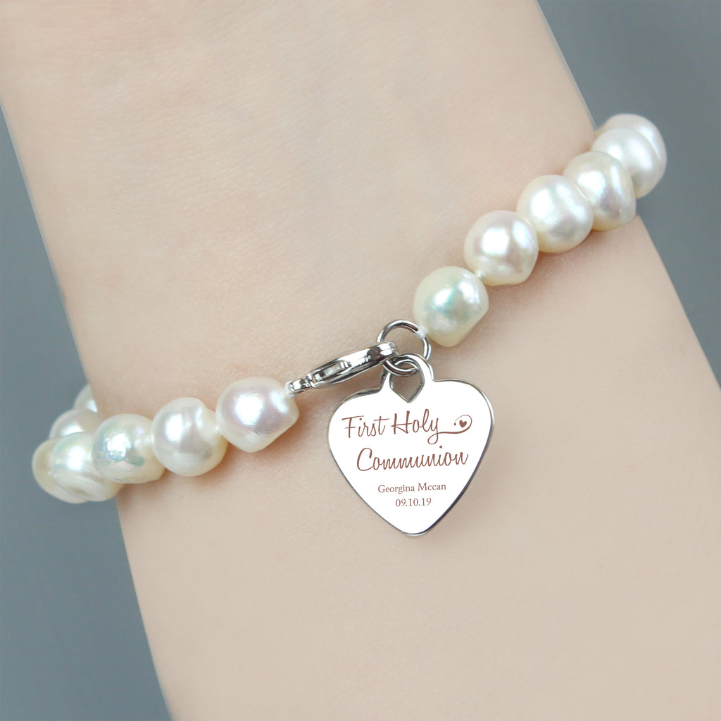 Personalised First Holy Communion Swirls & Hearts White Freshwater Pearl Bracelet - Buy Jewellery at GiftMasters.co.uk