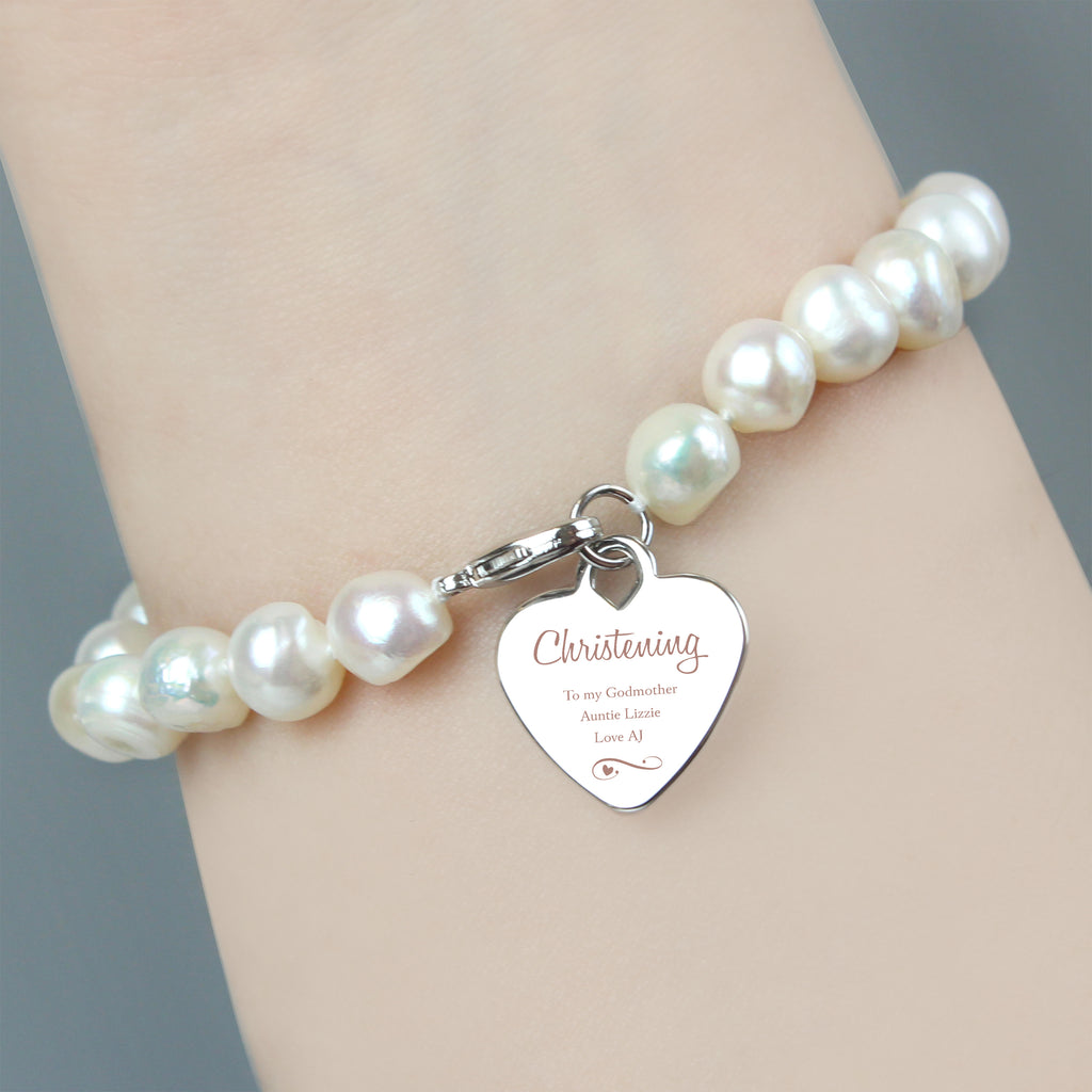 Personalised Christening Swirls & Hearts White Freshwater Pearl Bracelet - Buy Jewellery at GiftMasters.co.uk
