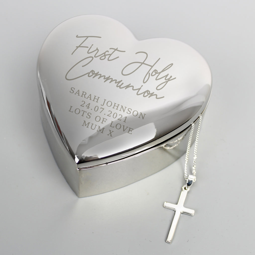 Personalised First Holy Communion Heart Trinket Box & Cross Necklace Set - Buy Jewellery at GiftMasters.co.uk