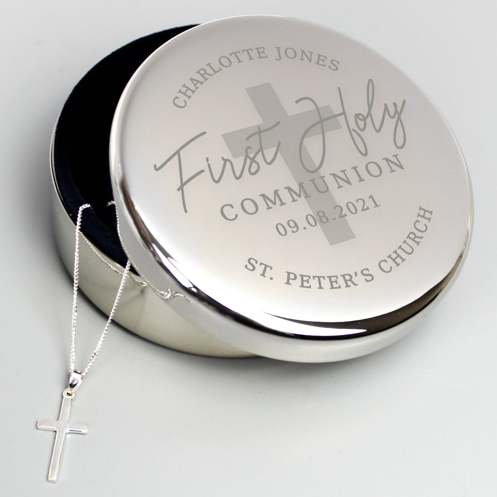 Personalised First Holy Communion Round Trinket Box & Cross Necklace Set - Buy Jewellery at GiftMasters.co.uk