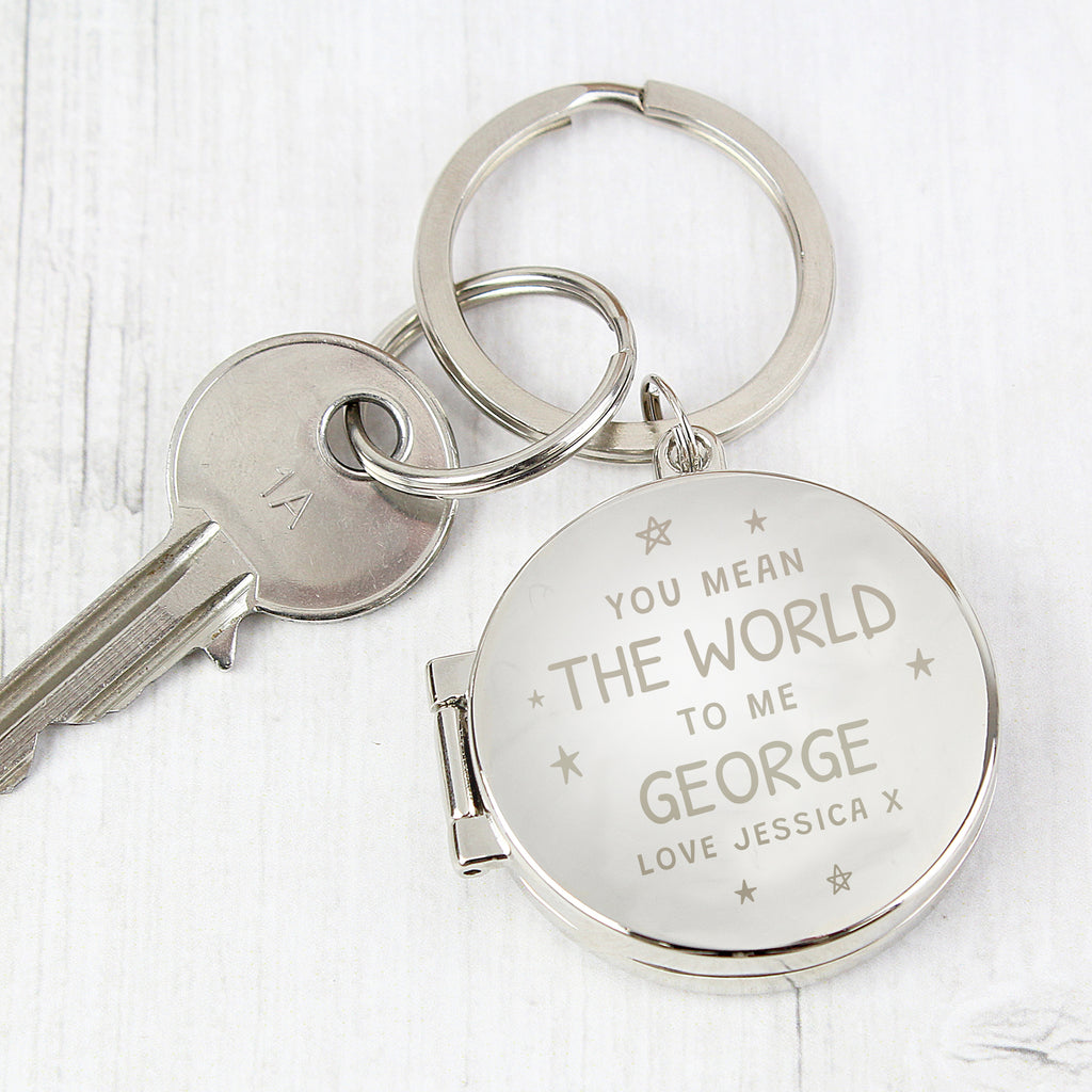 Personalised You Mean The World To Me Round Photo keyring - Buy Keepsakes at GiftMasters.co.uk