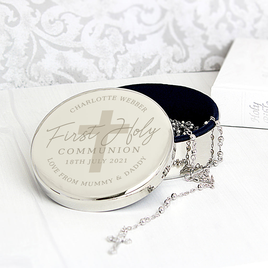 Personalised First Holy Communion Round Trinket Box & Rosary Beads Set - Buy Jewellery at GiftMasters.co.uk