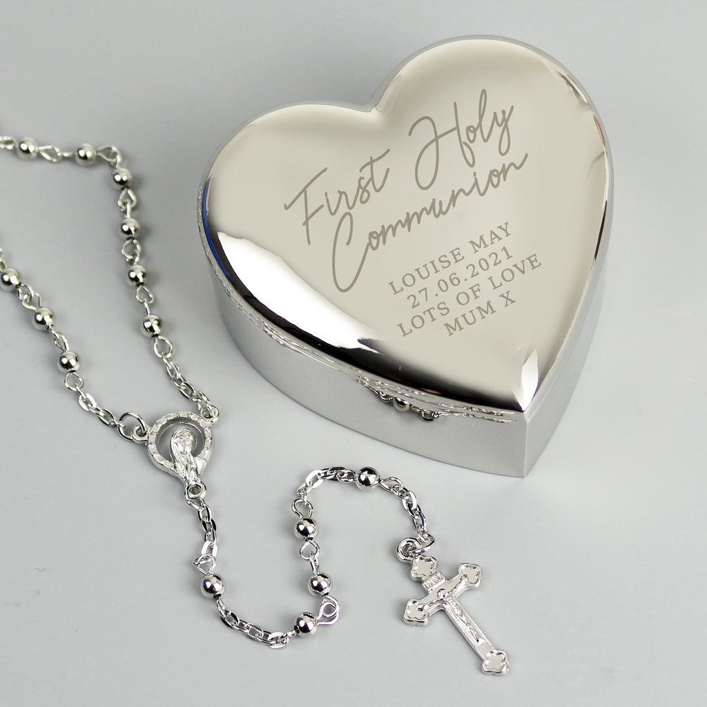 Personalised First Holy Communion Rosary Beads and Cross Heart Trinket Box - Buy Jewellery at GiftMasters.co.uk