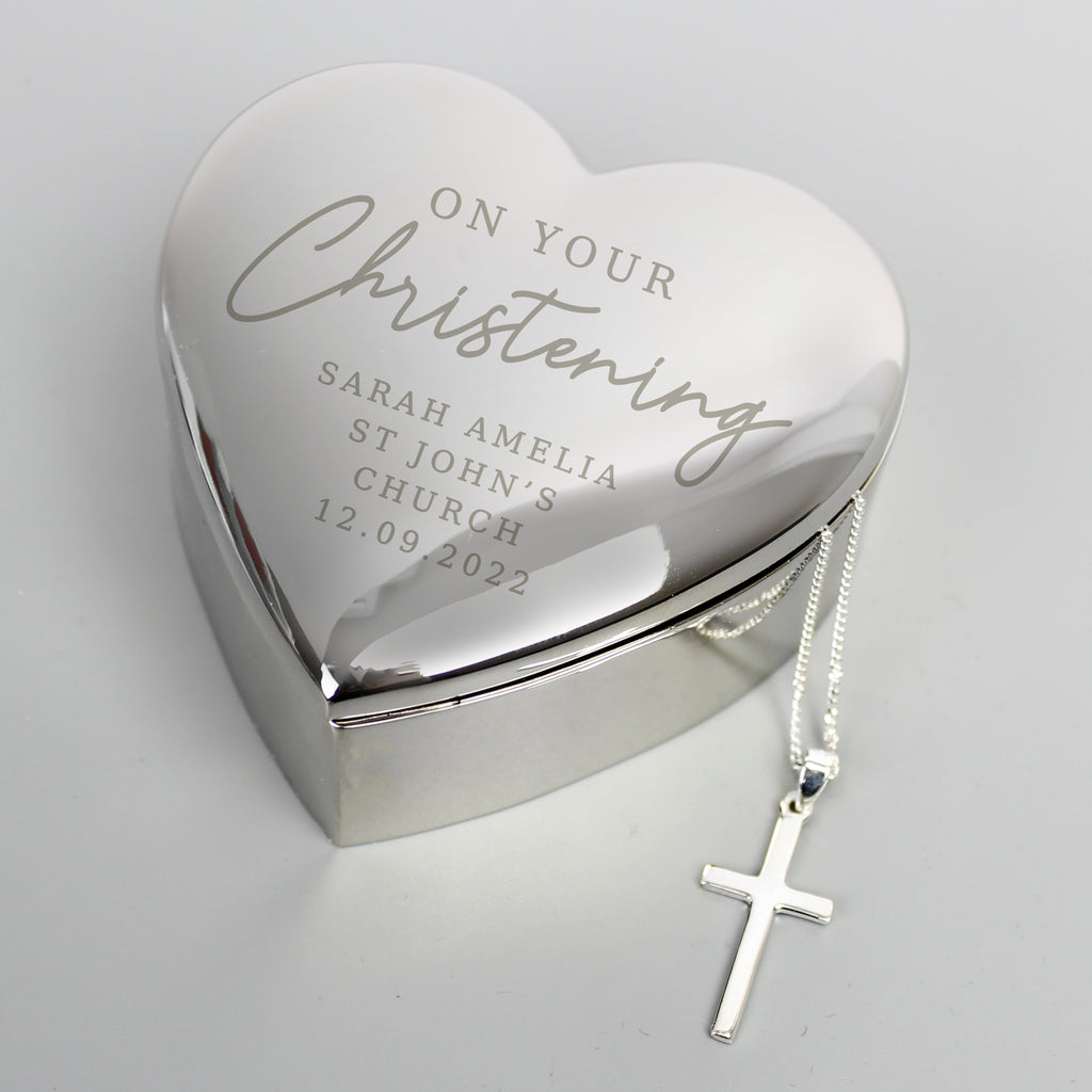 Personalised Christening Heart Trinket Box & Cross Necklace Set - Buy Jewellery at GiftMasters.co.uk