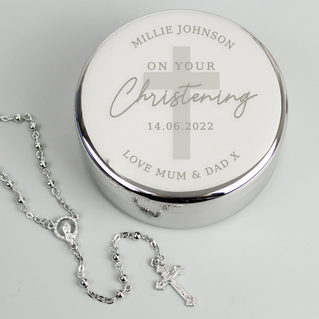 Personalised Christening Round Trinket Box & Rosary Beads Set - Buy Jewellery at GiftMasters.co.uk