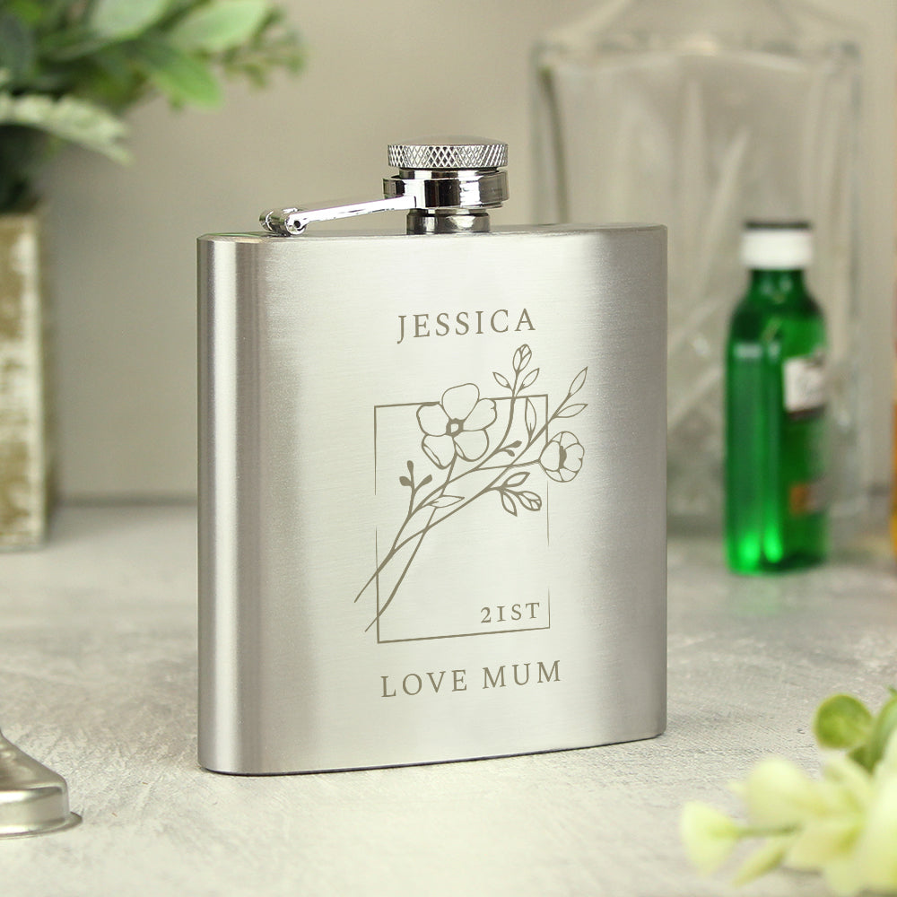 Personalised Monochrome Floral Hip Flask - Buy Glasses & Barware at GiftMasters.co.uk