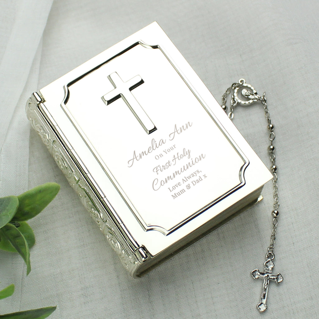 Personalised First Holy Communion Bible Trinket Box with Rosary Beads - Buy Trinket, Jewellery & Keepsake Boxes at GiftMasters.co.uk