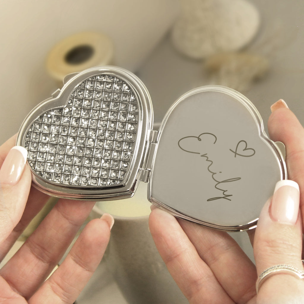 Personalised Diamante Heart Compact Mirror - Buy Trinket, Jewellery & Keepsake Boxes at GiftMasters.co.uk