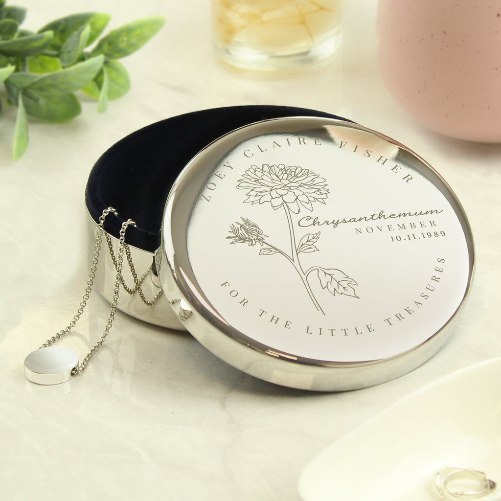 Personalised November Birth Flower Round Trinket Box - Buy Trinket, Jewellery & Keepsake Boxes at GiftMasters.co.uk
