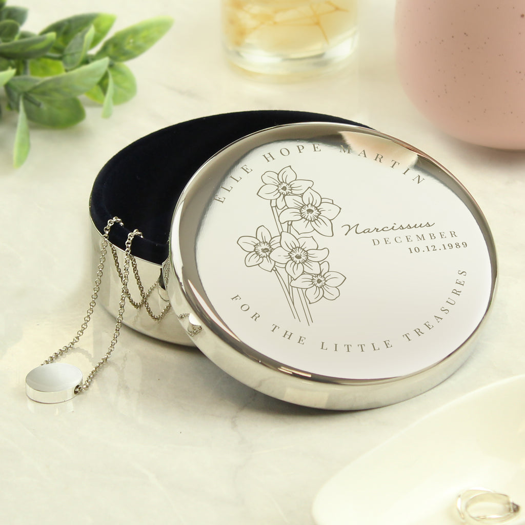 Personalised December Birth Flower Round Trinket Box - Buy Trinket, Jewellery & Keepsake Boxes at GiftMasters.co.uk
