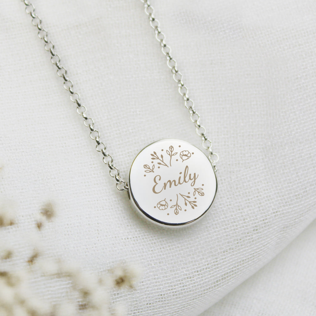 Personalised Silver Tone Wild Flowers Disc Necklace - Buy Jewellery at GiftMasters.co.uk