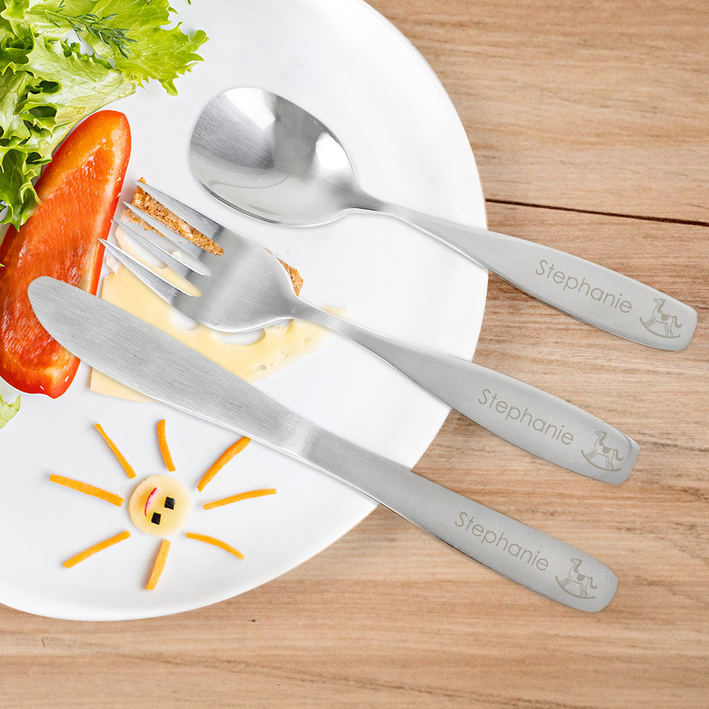 Personalised 3 Piece Rocking Horse Cutlery Set - Buy Mealtime Essentials at GiftMasters.co.uk