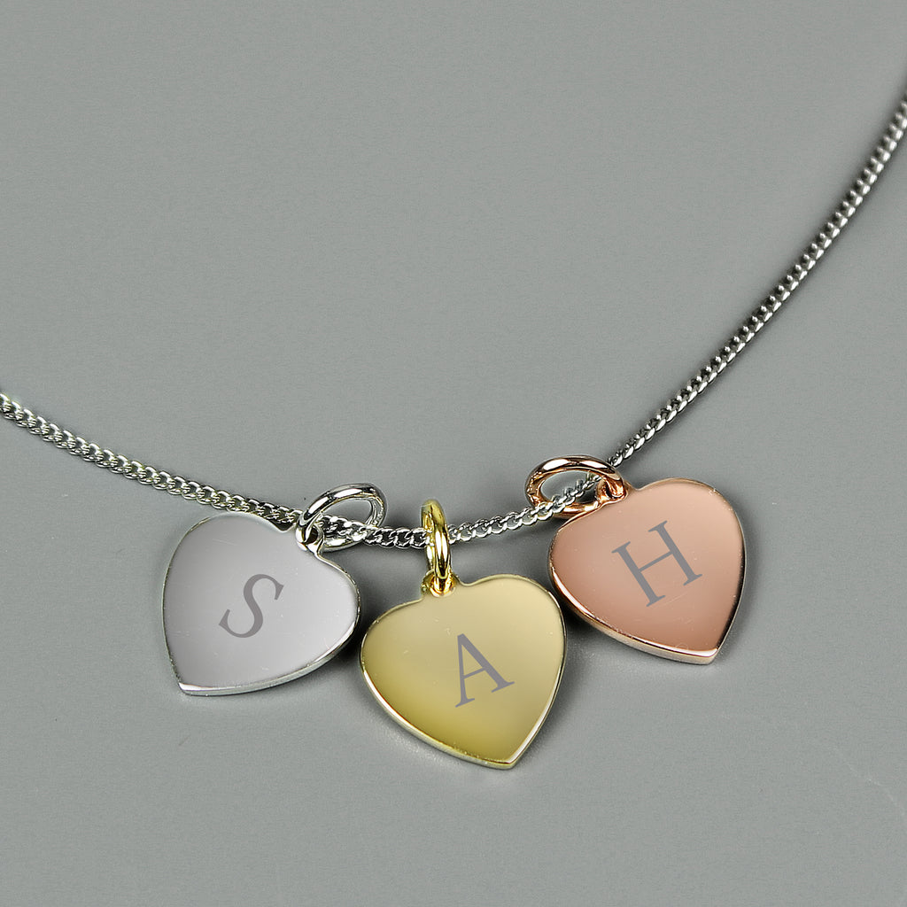 Personalised Initials Gold Rose Gold and Silver 3 Hearts Necklace - Buy Jewellery at GiftMasters.co.uk