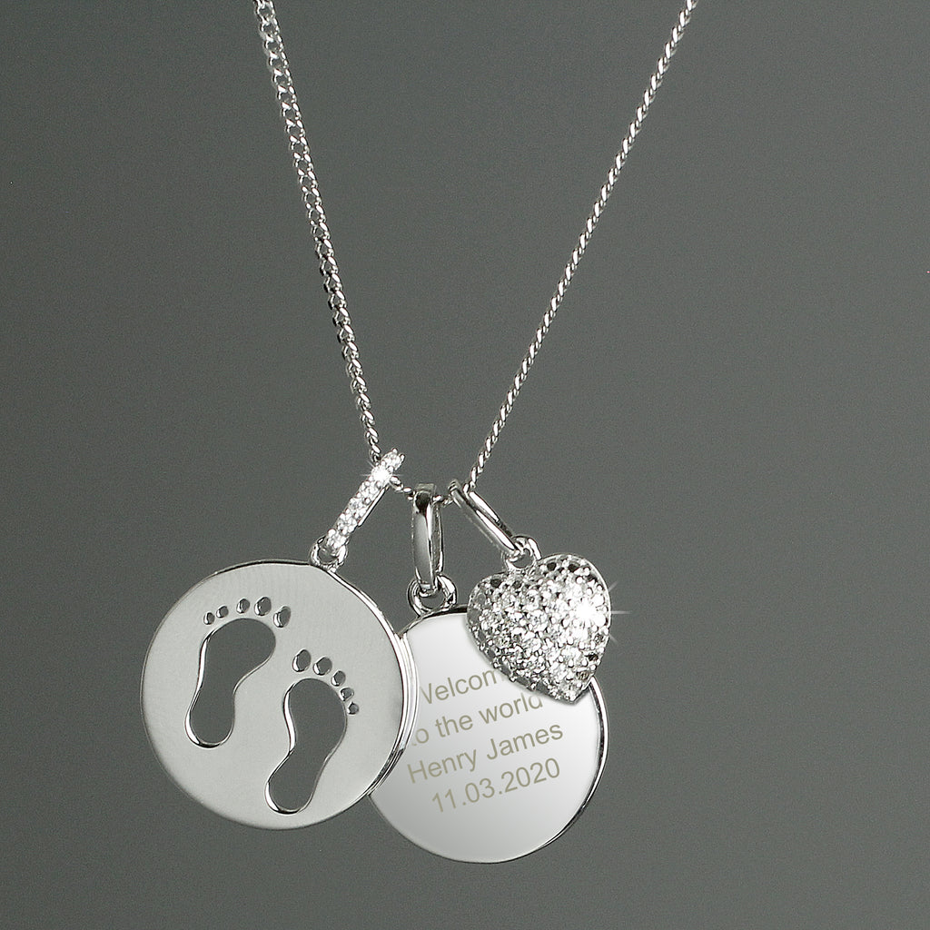 Personalised Sterling Silver Footprints and Cubic Zirconia Heart Necklace - Buy Jewellery at GiftMasters.co.uk