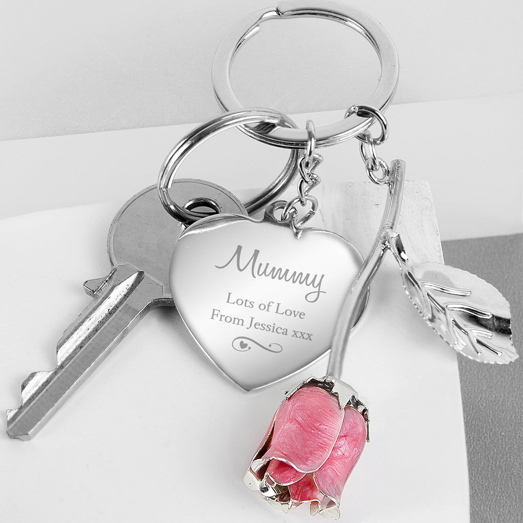 Personalised Silver Plated Swirls & Hearts Pink Rose Keyring - Buy Keepsakes at GiftMasters.co.uk