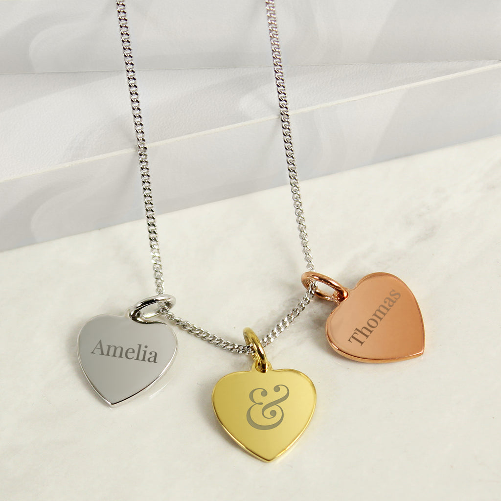 Personalised Couples Gold Rose Gold and Silver 3 Hearts Necklace - Buy Jewellery at GiftMasters.co.uk