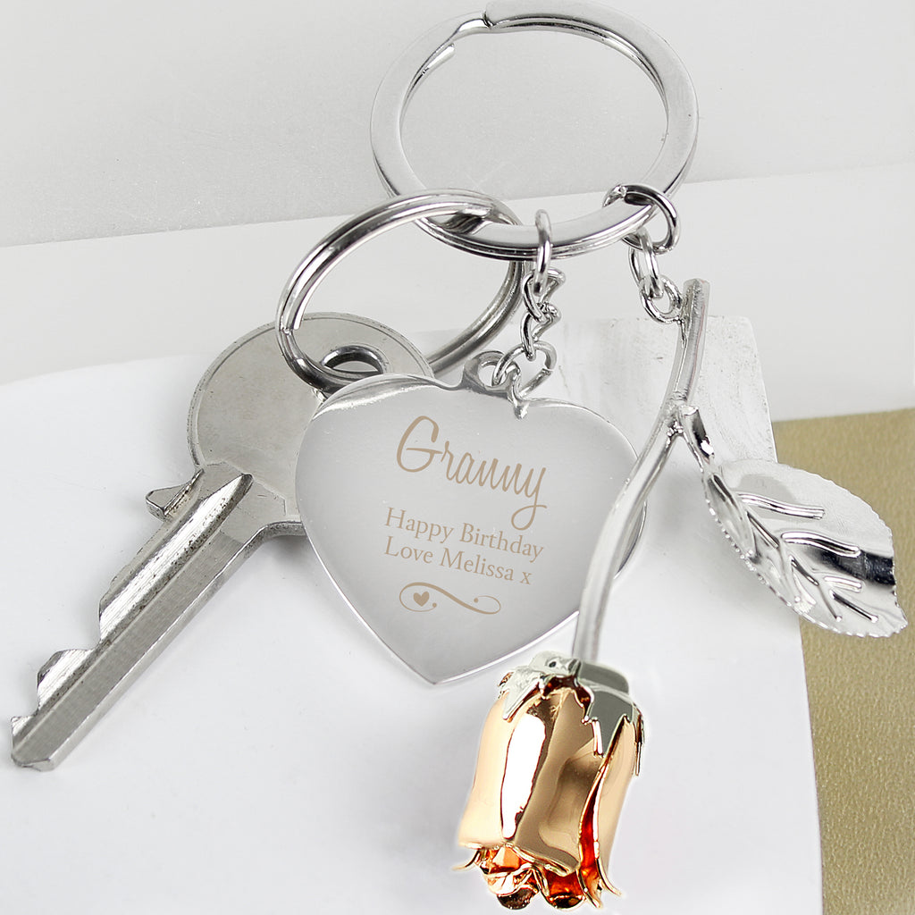 Personalised Silver Plated Swirls & Hearts Rose Gold Rose Keyring - Buy Keepsakes at GiftMasters.co.uk