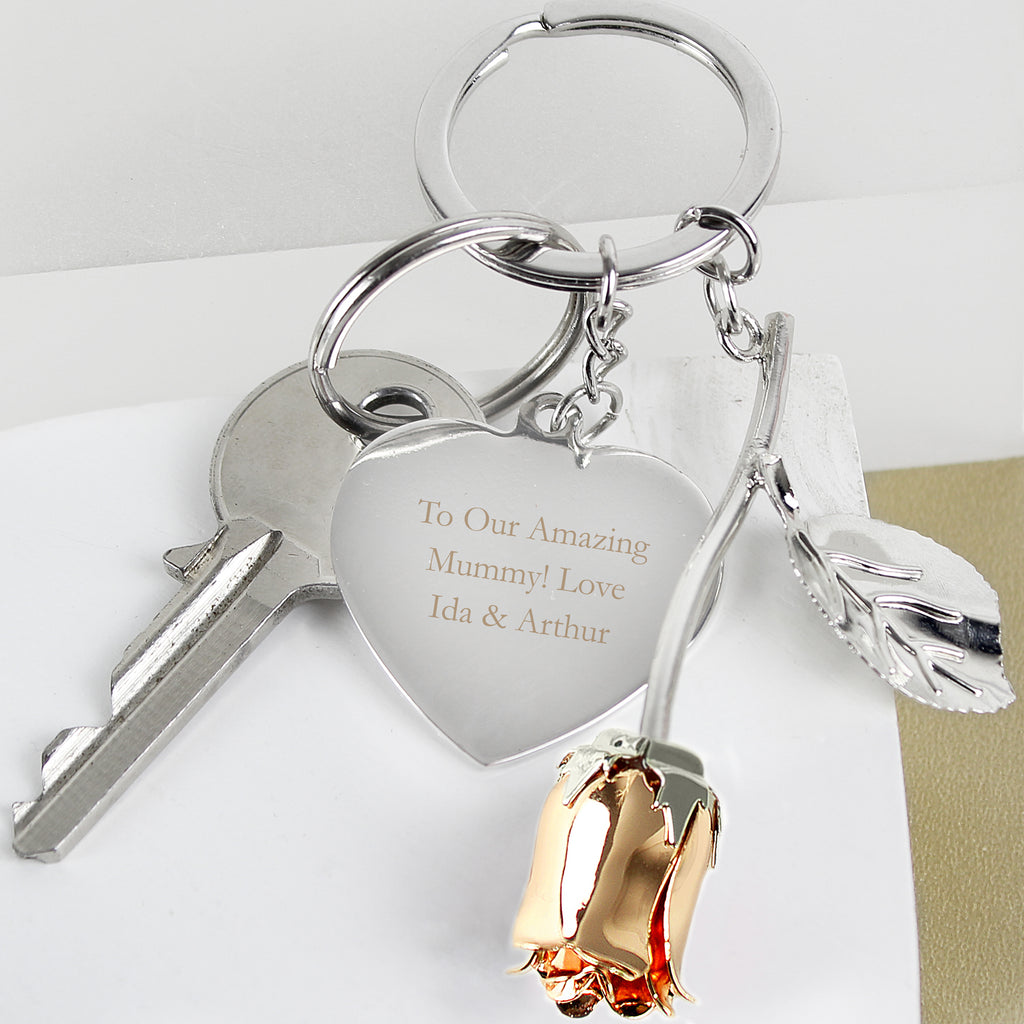 Personalised Silver Plated Rose Gold Rose Keyring - Buy Keepsakes at GiftMasters.co.uk