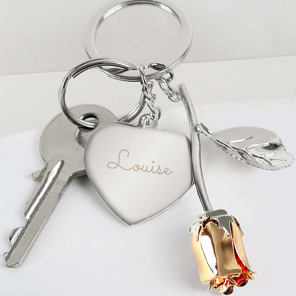 Personalised Silver Plated Name Rose Gold Rose Keyring - Buy Keepsakes at GiftMasters.co.uk