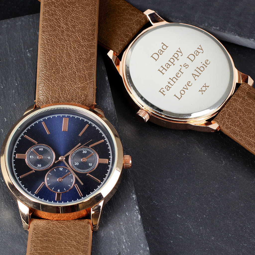 Personalised Mens Rose Gold Tone Watch with Brown Strap and Presentation Box - Buy Clocks & Watches at GiftMasters.co.uk