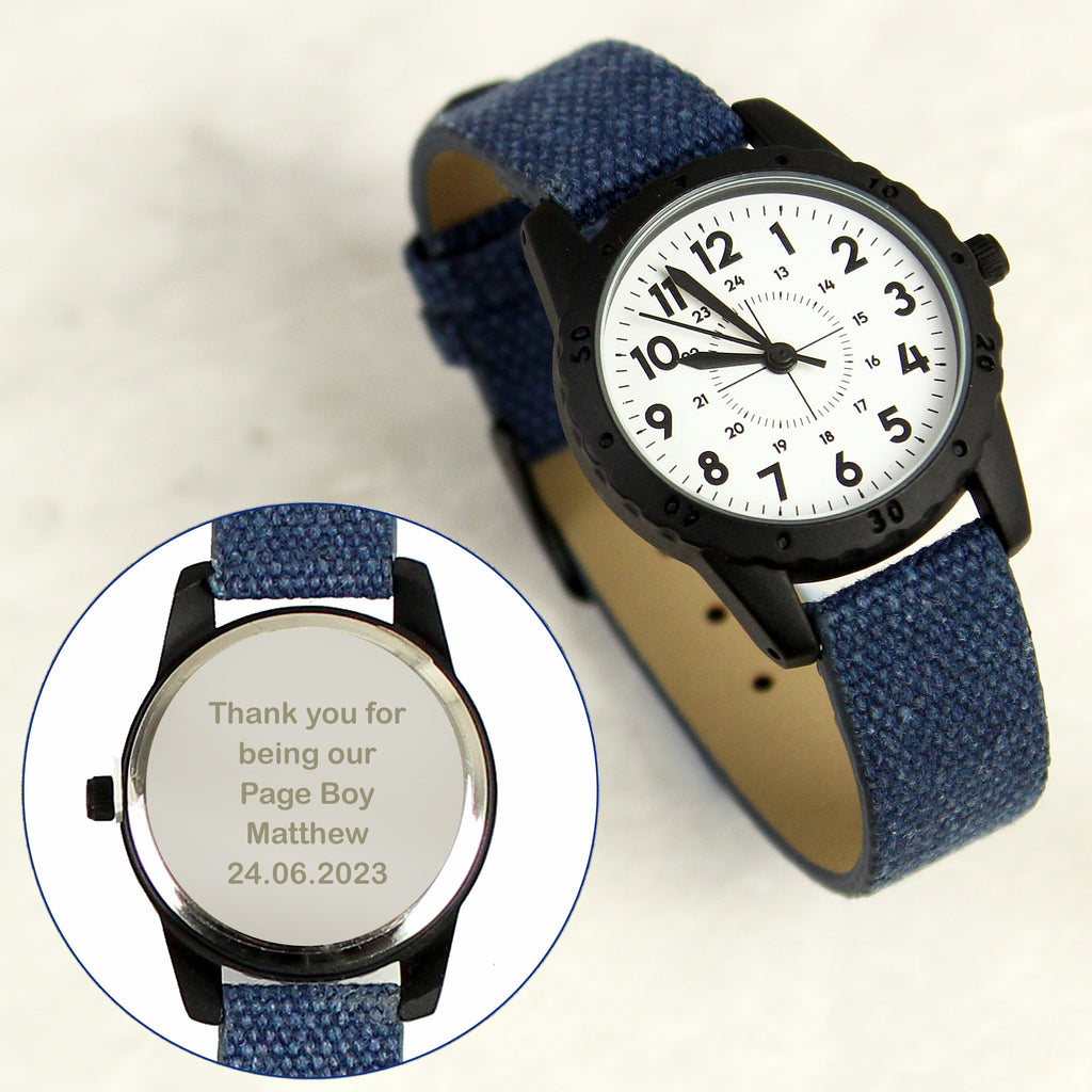 Personalised Black with Blue Canvas Strap Boys Watch - Buy Clocks & Watches at GiftMasters.co.uk