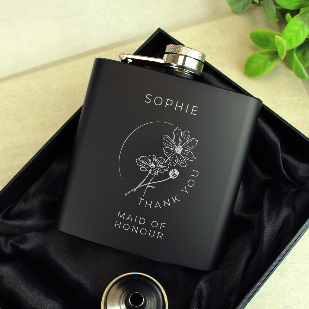 Personalised Monochrome Floral Wedding Party Black Hip Flask - Buy Glasses & Barware at GiftMasters.co.uk