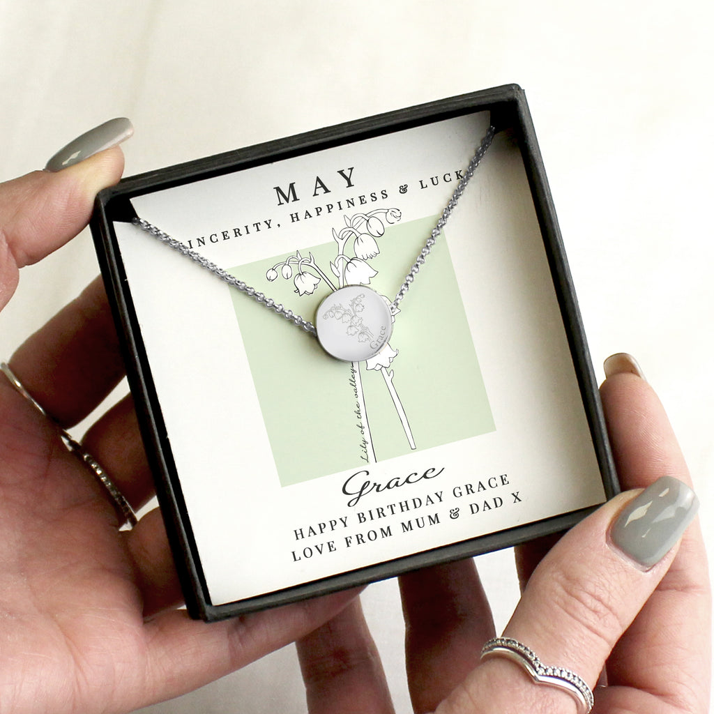 Personalised May Birth Flower Necklace and Box - Buy Jewellery at GiftMasters.co.uk