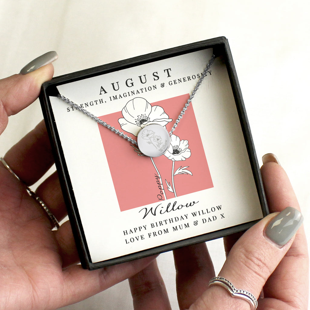Personalised August Birth Flower Necklace and Box - Buy Jewellery at GiftMasters.co.uk