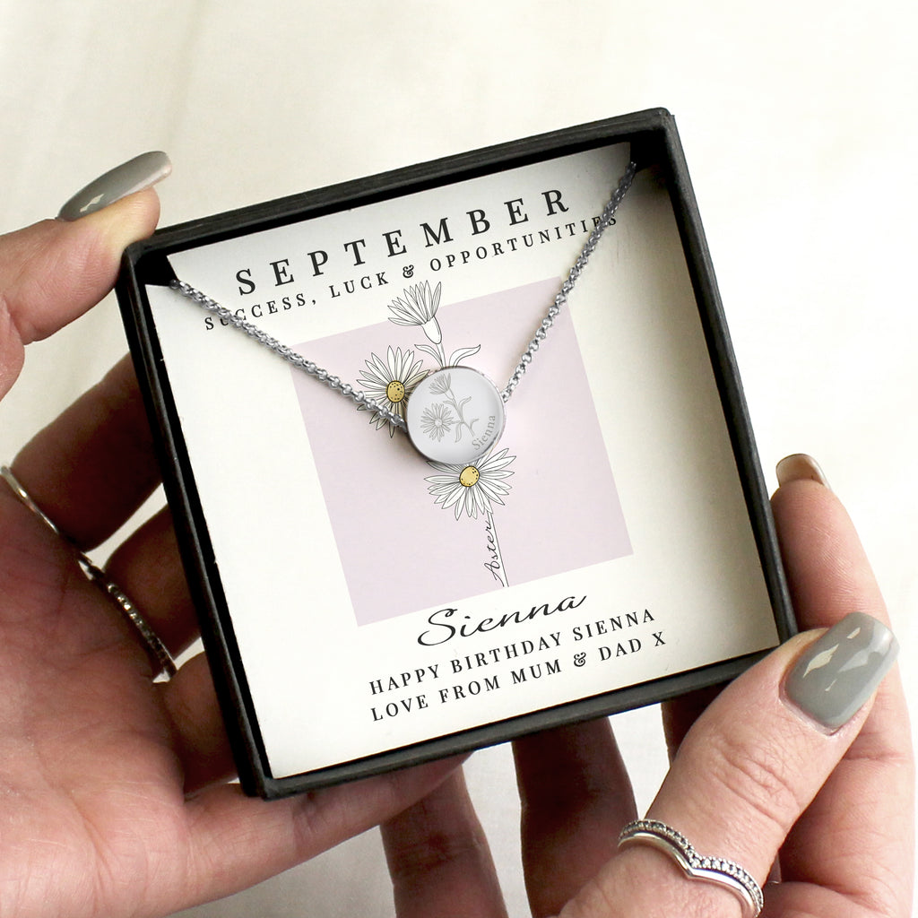 Personalised September Birth Flower Necklace and Box - Buy Jewellery at GiftMasters.co.uk