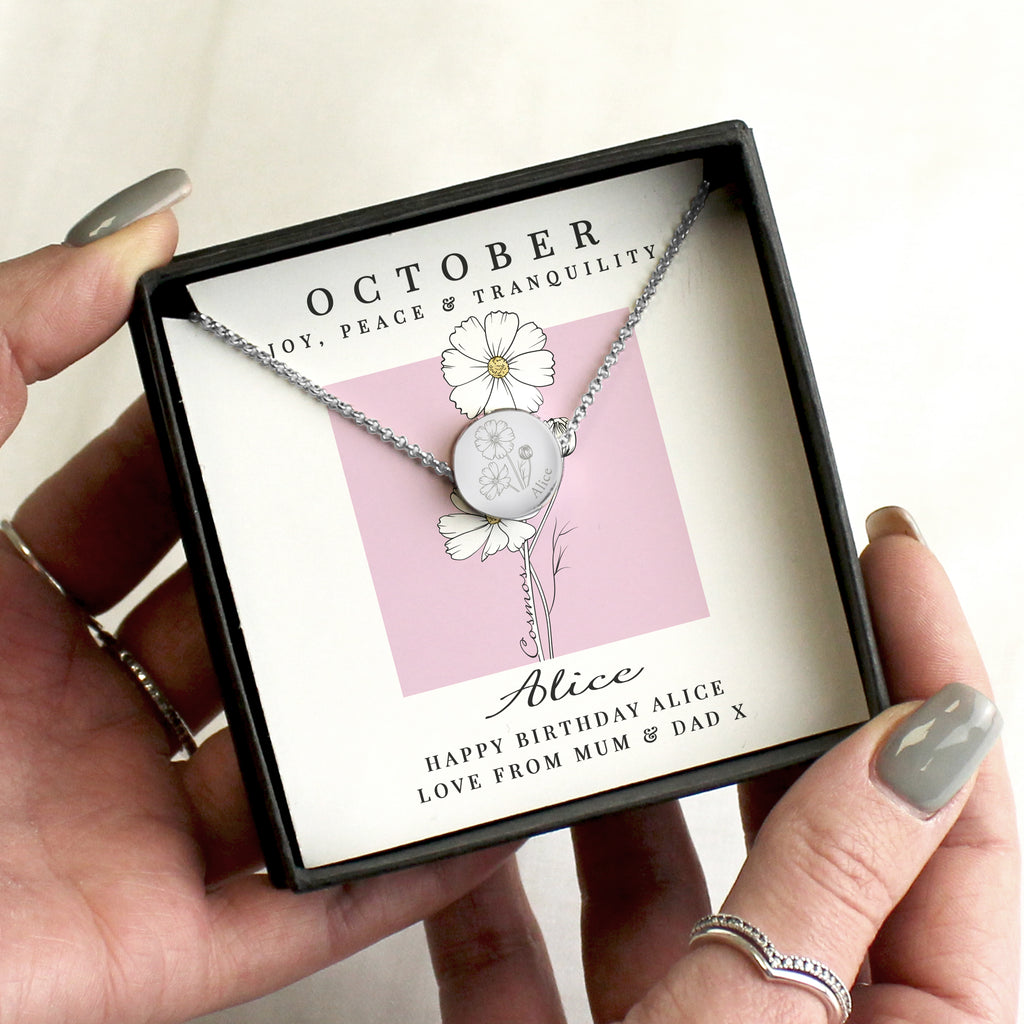 Personalised October Birth Flower Necklace and Box - Buy Jewellery at GiftMasters.co.uk