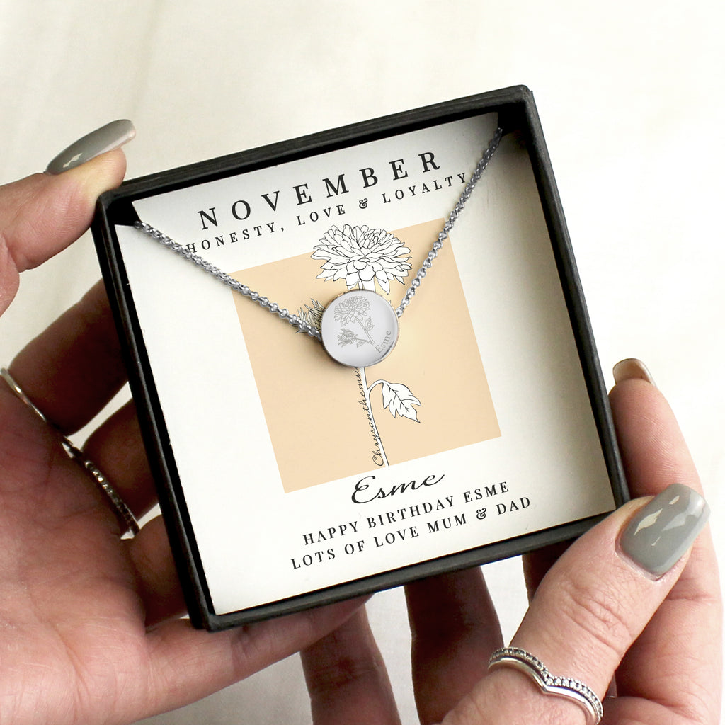 Personalised November Birth Flower Necklace and Box - Buy Jewellery at GiftMasters.co.uk