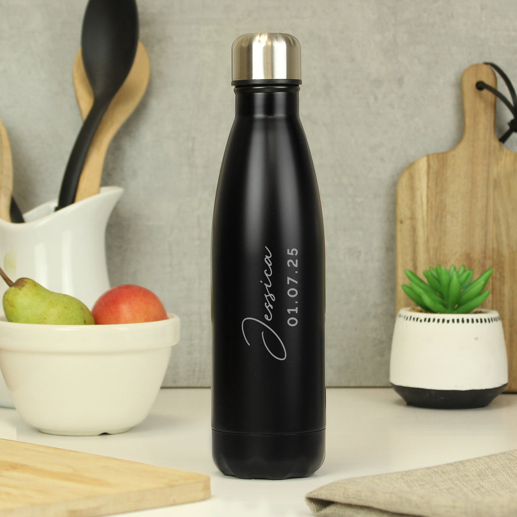Personalised Two Lines Black Metal Insulated Drinks Bottle - Buy Drinks Bottles at GiftMasters.co.uk