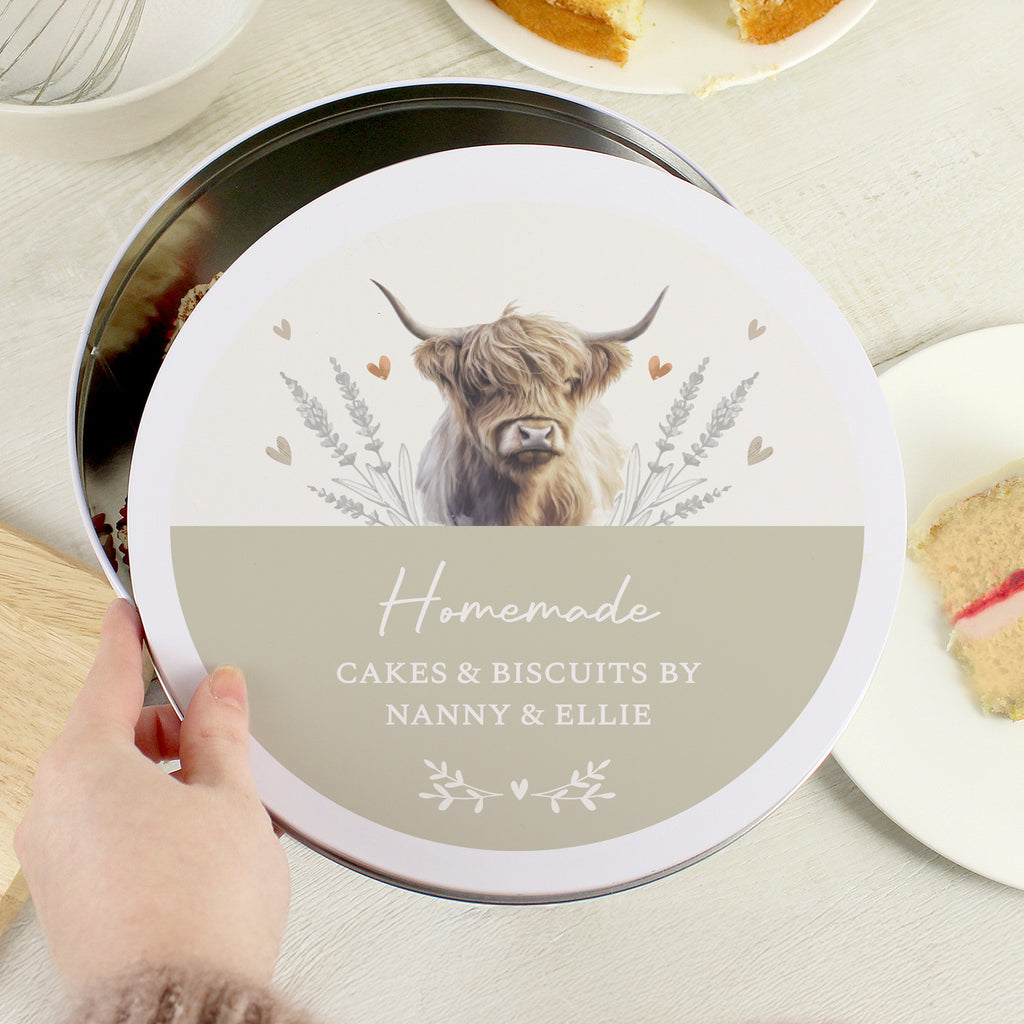 Personalised Highland Cow Cake Tin - Buy Kitchen, Baking & Dining Gifts at GiftMasters.co.uk