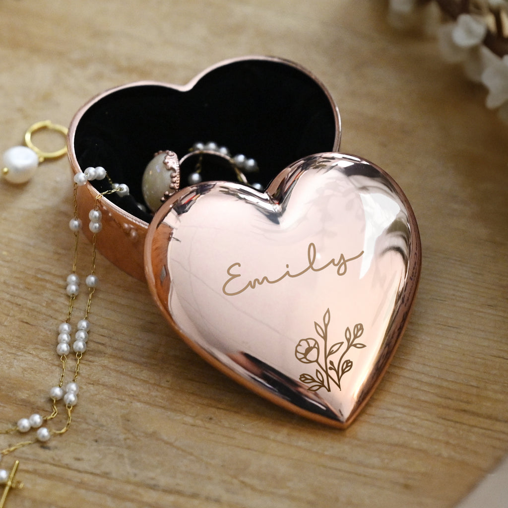 Personalised Floral Rose Gold Heart Trinket Box - Buy Trinket, Jewellery & Keepsake Boxes at GiftMasters.co.uk