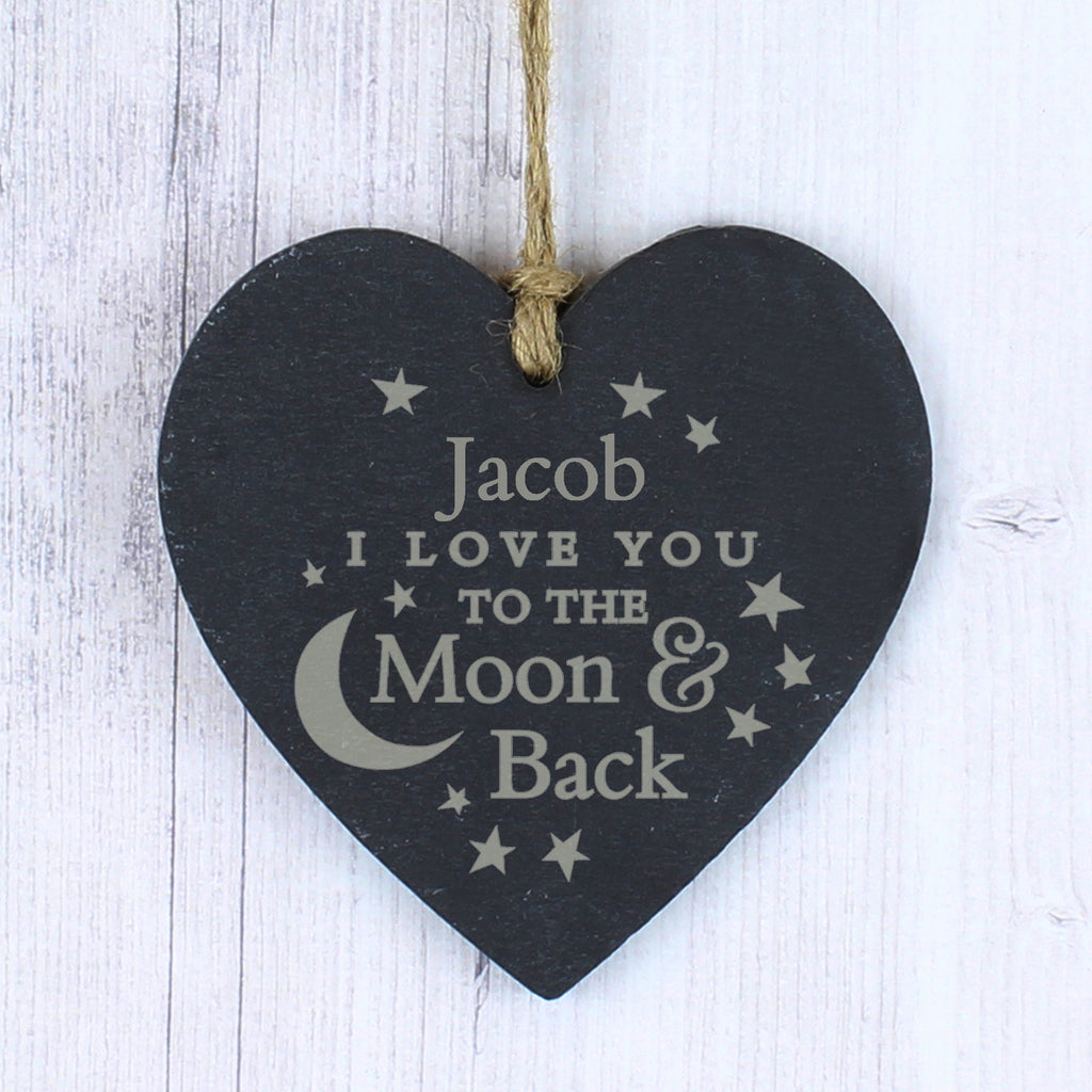 Personalised Engraved Moon and Back Slate Heart Decoration - Buy Hanging Decorations & Signs at GiftMasters.co.uk