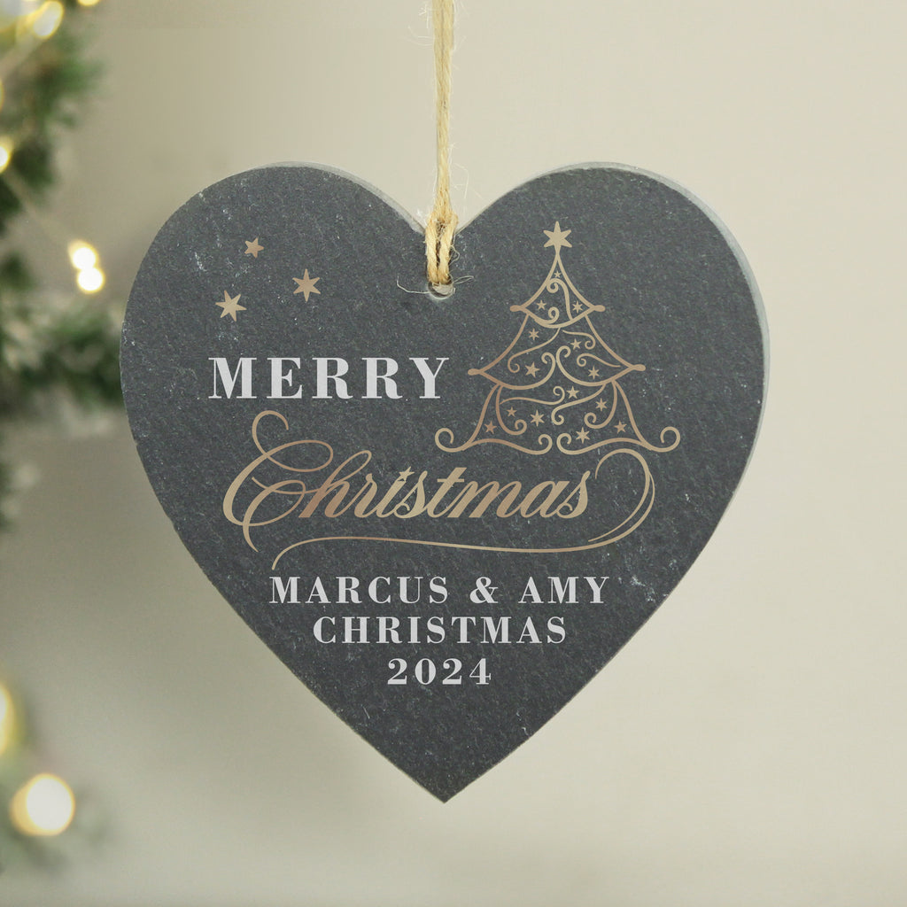 Personalised Gold Christmas Slate Heart Ornament - Buy Hanging Decorations & Signs at GiftMasters.co.uk