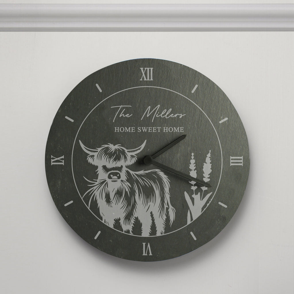 Personalised Highland Cow Slate Clock - Buy Clocks & Watches at GiftMasters.co.uk