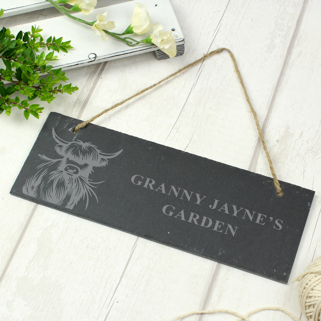 Personalised Highland Cow Slate Sign - Buy Hanging Decorations & Signs at GiftMasters.co.uk