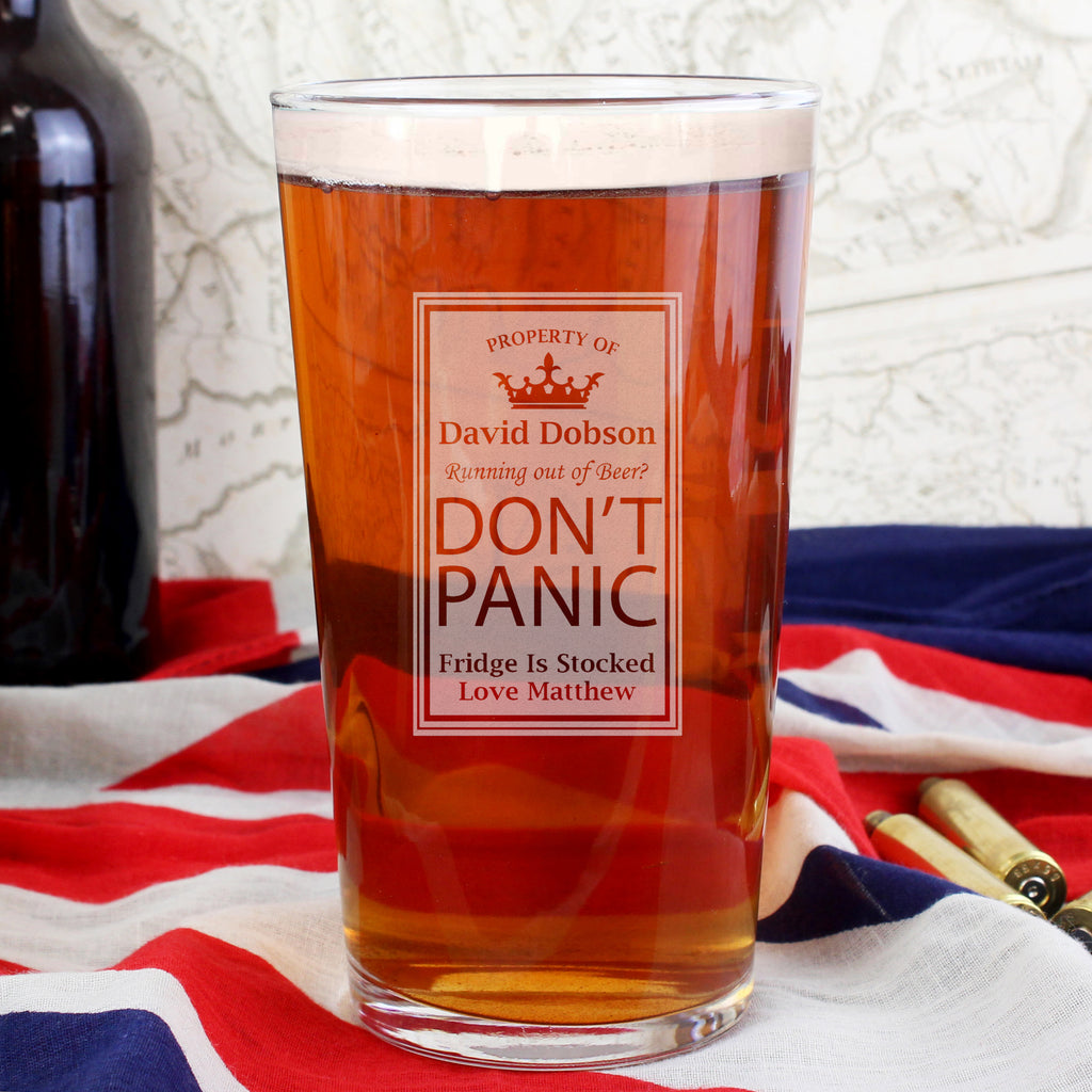 Personalised Don't Panic Pint Glass - Buy Glasses & Barware at GiftMasters.co.uk