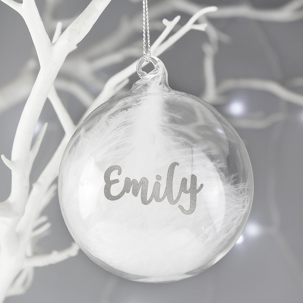 Personalised Silver Glitter Name Only Feather Glass Bauble - Buy Christmas Decorations at GiftMasters.co.uk