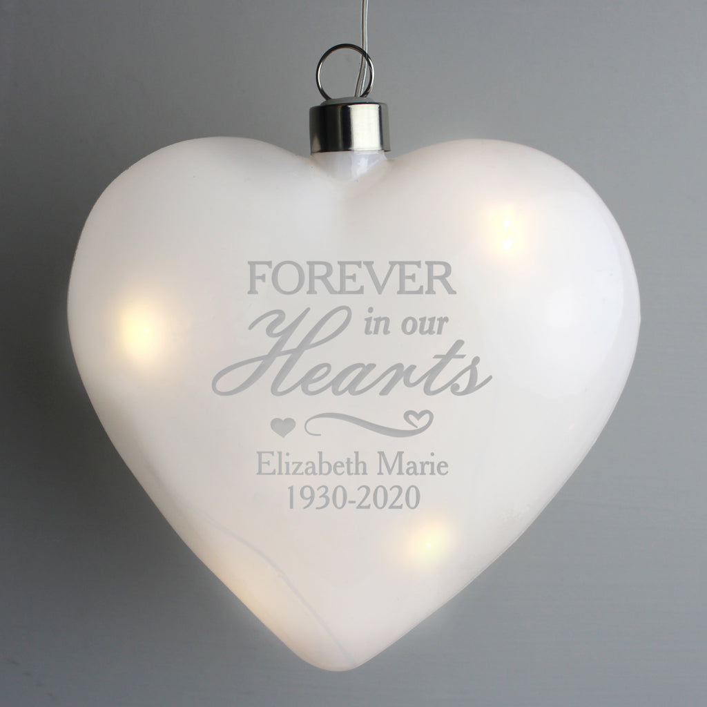 Personalised Forever In Our Hearts LED Hanging Glass Heart - Buy LED Lights, Candles & Decorations at GiftMasters.co.uk