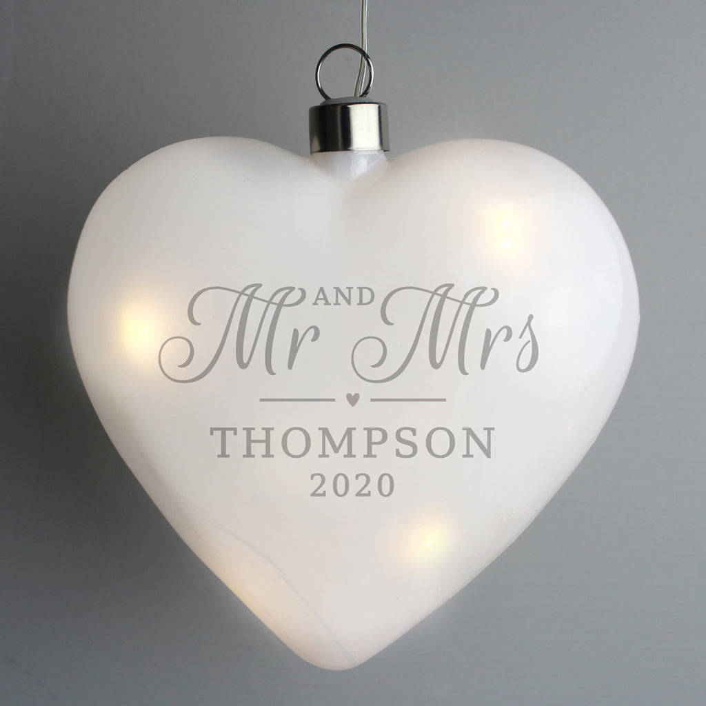 Personalised Mr & Mrs LED Hanging Glass Heart - Buy LED Lights, Candles & Decorations at GiftMasters.co.uk