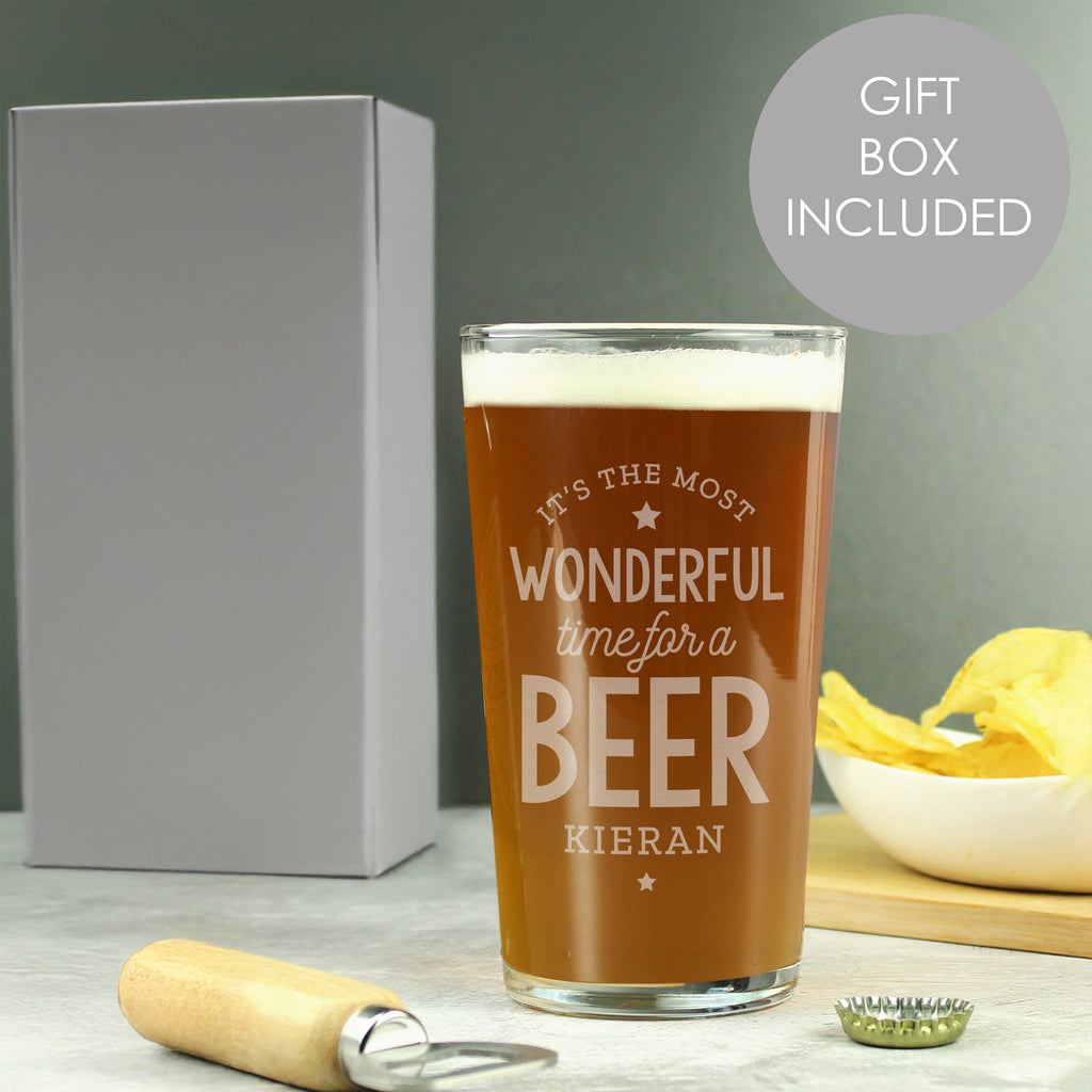 Personalised Wonderful Time For A Beer Pint Glass - Buy Glasses & Barware at GiftMasters.co.uk