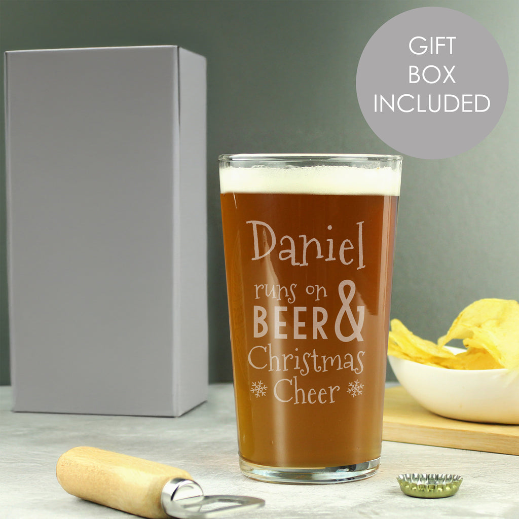 Personalised Runs On Beer & Christmas Cheer Pint Glass - Buy Glasses & Barware at GiftMasters.co.uk