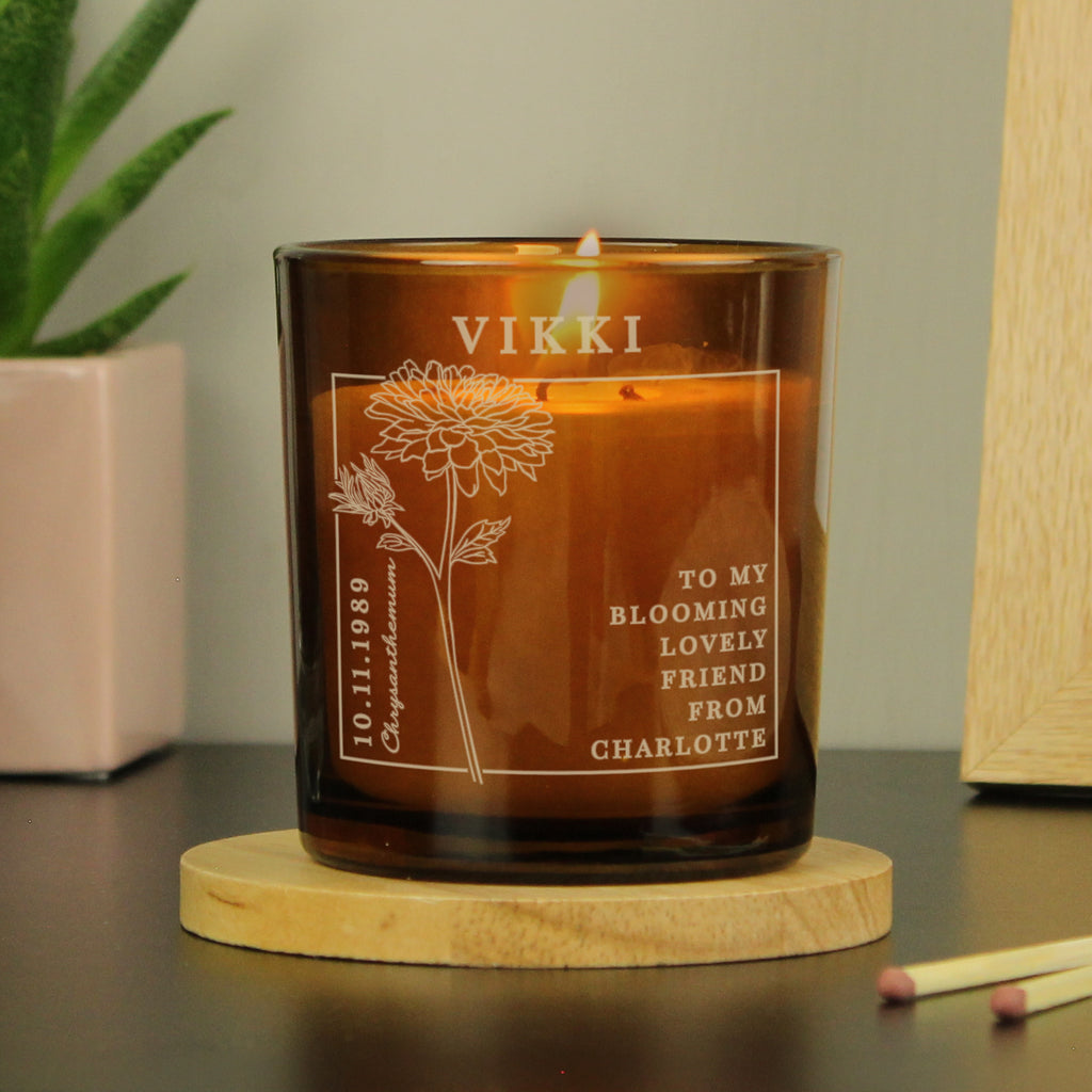 Personalised November Birth Flower Amber Glass Candle - Buy Candles & Reed Diffusers at GiftMasters.co.uk