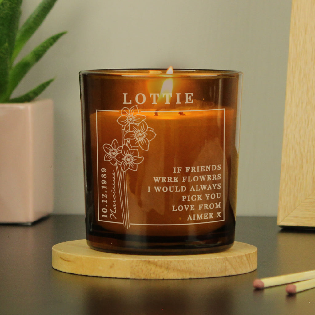 Personalised December Birth Flower Amber Glass Candle - Buy Candles & Reed Diffusers at GiftMasters.co.uk